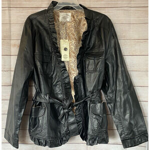Solitaire by Ravi Khosla Black Faux Leather Ruffle Tie Waist Jacket 3X NWT